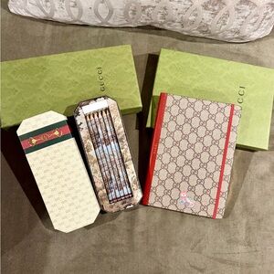 Gucci Beige GG Canvas Notebook with Red Trim and Matching Pencil Set
